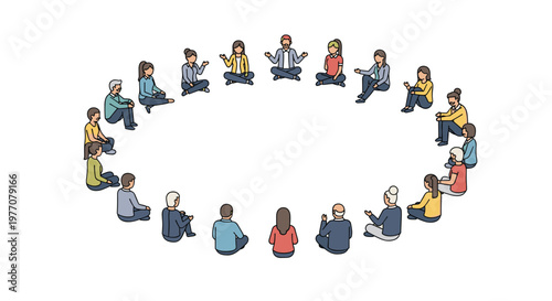 A diverse group of men and women sit in a wide circle on the floor engaging in a peaceful group meditation and discussion session on white background.