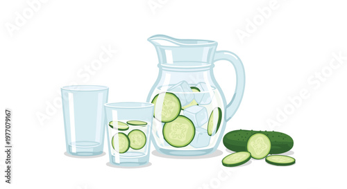 An inviting arrangement of a glass pitcher and two tumblers filled with cucumber infused water alongside a whole cucumber and fresh slices on white.