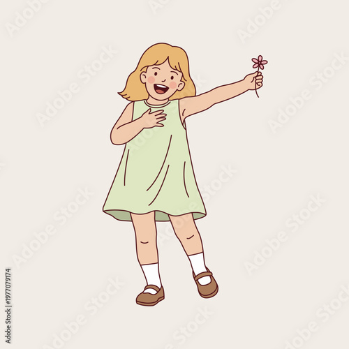 Happy girl in green dress presenting pink flower illustration