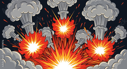 Multiple Explosions and Fireballs with Smoke Clouds Against Dark Background