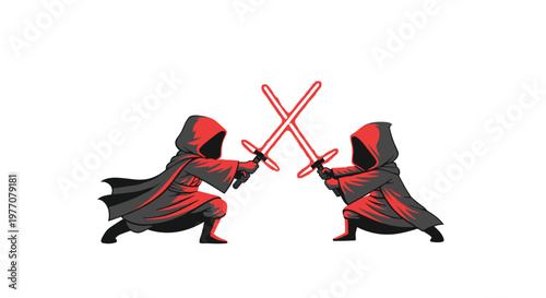 Two mysterious hooded figures clad in dark robes engage in a fierce and dramatic duel with glowing red energy swords against a white background.