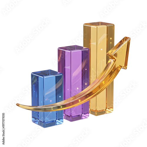 A colorful 3D bar graph with an upward trend arrow on a black background
