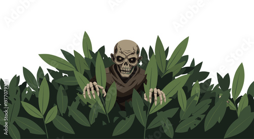 A terrifying skeletal zombie with hollow dark eyes peeks out from behind a dense thicket of lush green leaves against a perfectly stark white background.