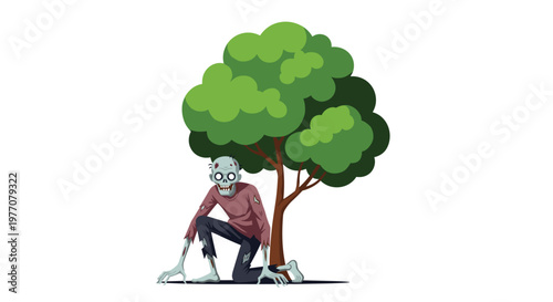 A pale grey zombie with sunken eyes and tattered purple clothing crouches menacingly beneath the shade of a vibrant green leafy tree against a white background.