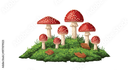 A cluster of vibrant red fly agaric mushrooms with white spots grows atop a lush green mossy mound decorated with many scattered brown autumn leaves.