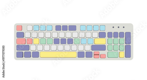A vibrant top-down flat illustration displays a computer keyboard adorned with a playful variety of pastel blue purple yellow green and red rounded keycaps.