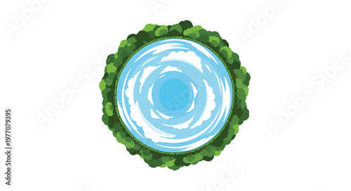 A lush green forest creates a perfect circular border around a serene blue lake reflecting soft white fluffy clouds under a bright daytime sky view.