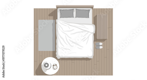 A detailed overhead architectural illustration of a contemporary bedroom suite featuring a large bed, grey pillows, a circular nightstand, and cozy bedside slippers.
