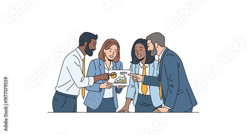 Four professional business colleagues in formal suits and yellow ties gather closely to analyze a printed financial chart featuring various colorful graphs and data.