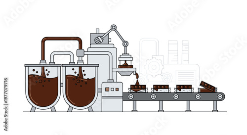 This detailed technical illustration depicts a chocolate factory production line with large mixing vats and a mechanical arm precisely filling chocolate bars on a moving conveyor.