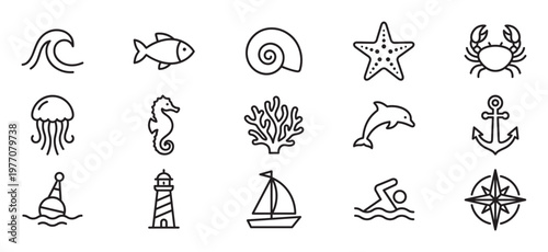 Collection of fifteen simple black outline icons representing various marine life, nautical objects, and water activities