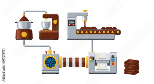 A vibrant flat illustration showcases various stages of chocolate production including mixing, molding into bars, and final packaging within a modern industrial factory setting.