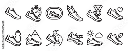 Collection of twelve black outline running shoe icons representing various aspects of fitness and outdoor activities