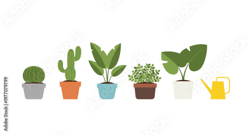 Five distinct green indoor plants in various colored ceramic pots stand in a row next to a yellow watering can against a pristine minimalist background