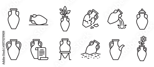 Collection of ancient amphora and pottery outline icons, depicting various states and uses with a clean, modern aesthetic