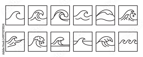 Collection of twelve simple black outline wave icons, each depicting different stylized ocean water movements within square frames