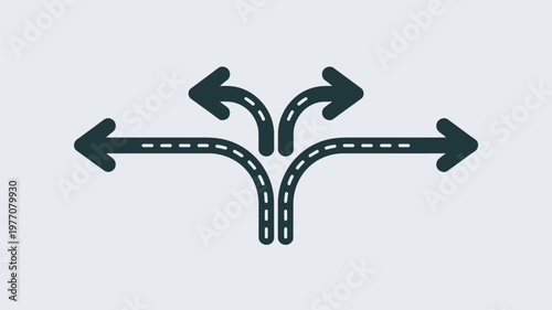 A black and white illustration of a road diverging into multiple directions with arrows pointing to different paths.