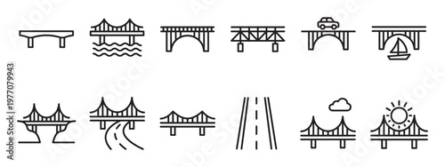 Collection of diverse bridge line icons illustrating various architectural styles and transportation scenarios in a clean, minimalist design