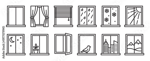 Collection of various window icons depicting different weather conditions, times of day, and interior views, presented in a clean line art style