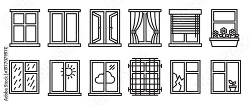 Collection of various window outline icons depicting different styles, weather, and conditions in a clean, minimalist vector illustration