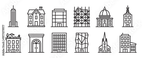 Collection of diverse architectural building line icons, including residential houses, skyscrapers, and public structures, presented in a clean, modern style