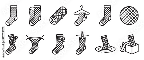 Collection of black outline fishnet socks icons in various poses and situations, presented in a clean, minimalist style