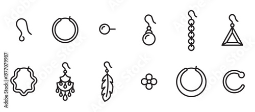 Various black outline earring icons are neatly arranged, showcasing different jewelry styles and shapes in a clean, modern vector illustration