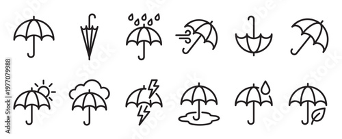Collection of black outline umbrella icons depicting various weather conditions and protection concepts in a simple graphic style