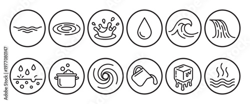 Collection of black outline water icons representing various states and movements of liquid, rendered in a clean, modern style