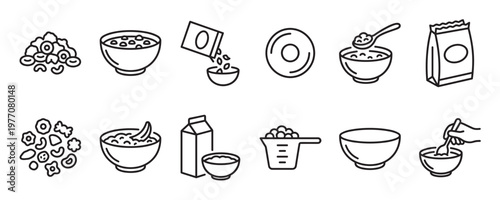 Simple black and white line art icons depicting various breakfast cereal elements and preparation steps, presented in a clean, modern style