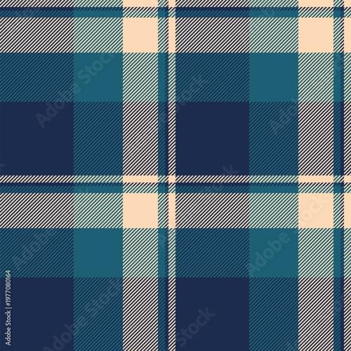 Premium texture check seamless, flowing plaid textile vector. Woven pattern tartan fabric background in blue and cyan colors.