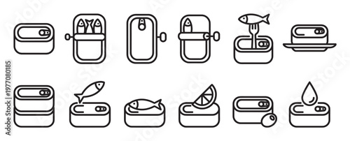 Various line art icons depict canned fish products, including closed cans, open cans with fish, and a fish on a fork