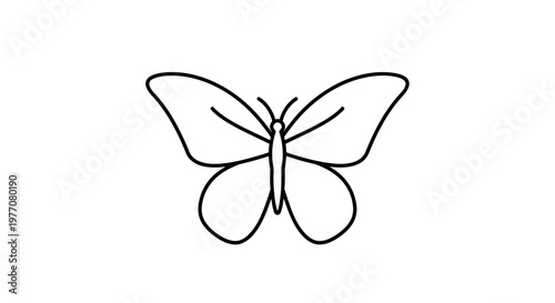 A simple black and white line art illustration of a butterfly with its wings spread symmetrically.