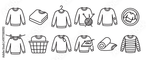 Collection of various outline icons depicting sweaters in different states and activities, including knitting, washing, and ironing