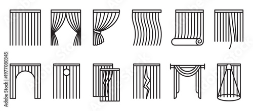 Collection of various black outline curtain icons, showcasing different styles and arrangements in a simple, graphic design