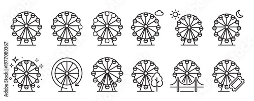 Collection of twelve black outline Ferris wheel icons representing various amusement park concepts and weather conditions