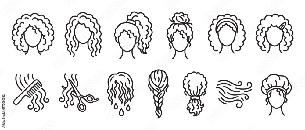 Obraz premium Various black outline hair styles and care icons, including curly, wavy, braided, and accessories, presented in a clean, modern line art style