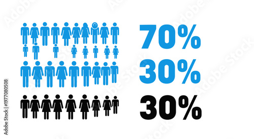 Demographic breakdown: 70% male, 30% female, 30% minority representation