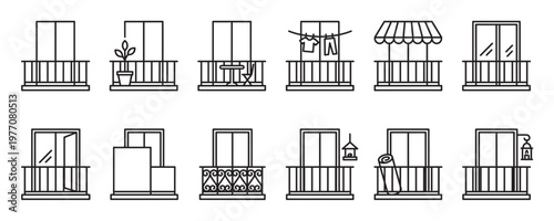 Collection of twelve diverse balcony outline icons, featuring various styles and elements like plants, furniture, and laundry