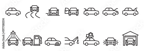 Comprehensive set of black outline car icons illustrating various automotive services and situations, presented in a clean, modern style