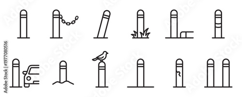 Collection of simple black outline bollard icons illustrating various street and urban elements on a clean white field