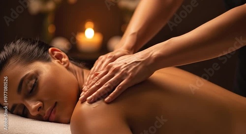 Woman getting a relaxing back massage in a dim, candlelit spa, with closed eyes