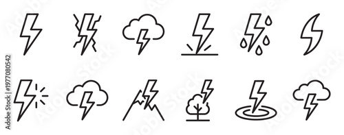 Collection of various lightning bolt outline icons, depicting weather, energy, and power concepts in a clean, modern style
