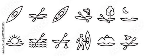 Collection of simple black outline kayak and canoeing icons depicting various water activities and natural elements