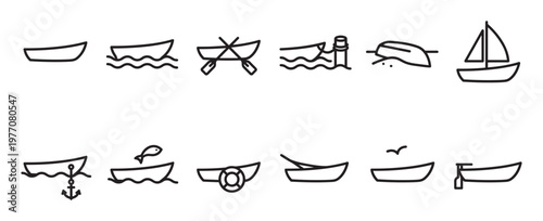 Various simple black line art boat icons depicting different watercraft and maritime activities in a clean, illustrative style