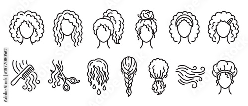 Various black outline hair styles and care icons, including curly, wavy, braided, and accessories, presented in a clean, modern line art style