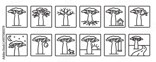 Collection of twelve simple baobab tree icons in various natural and conceptual settings, presented in a clean line art style
