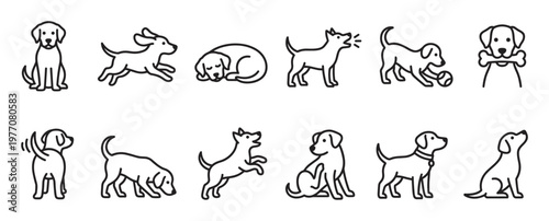 Collection of simple black outline dog icons showing various poses and activities in a clean, minimalist style