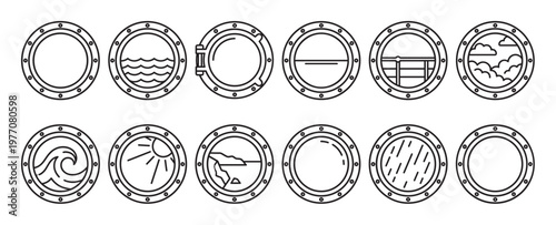 Collection of twelve simple porthole icons, each depicting various weather conditions and sea views in a clean line art style