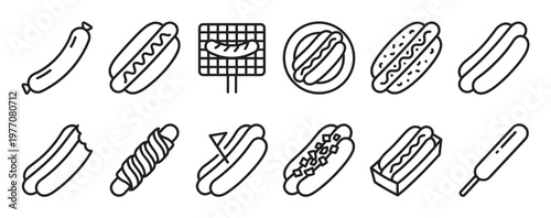 Collection of various hot dog and sausage line art icons, depicting different styles and preparations of this popular fast food